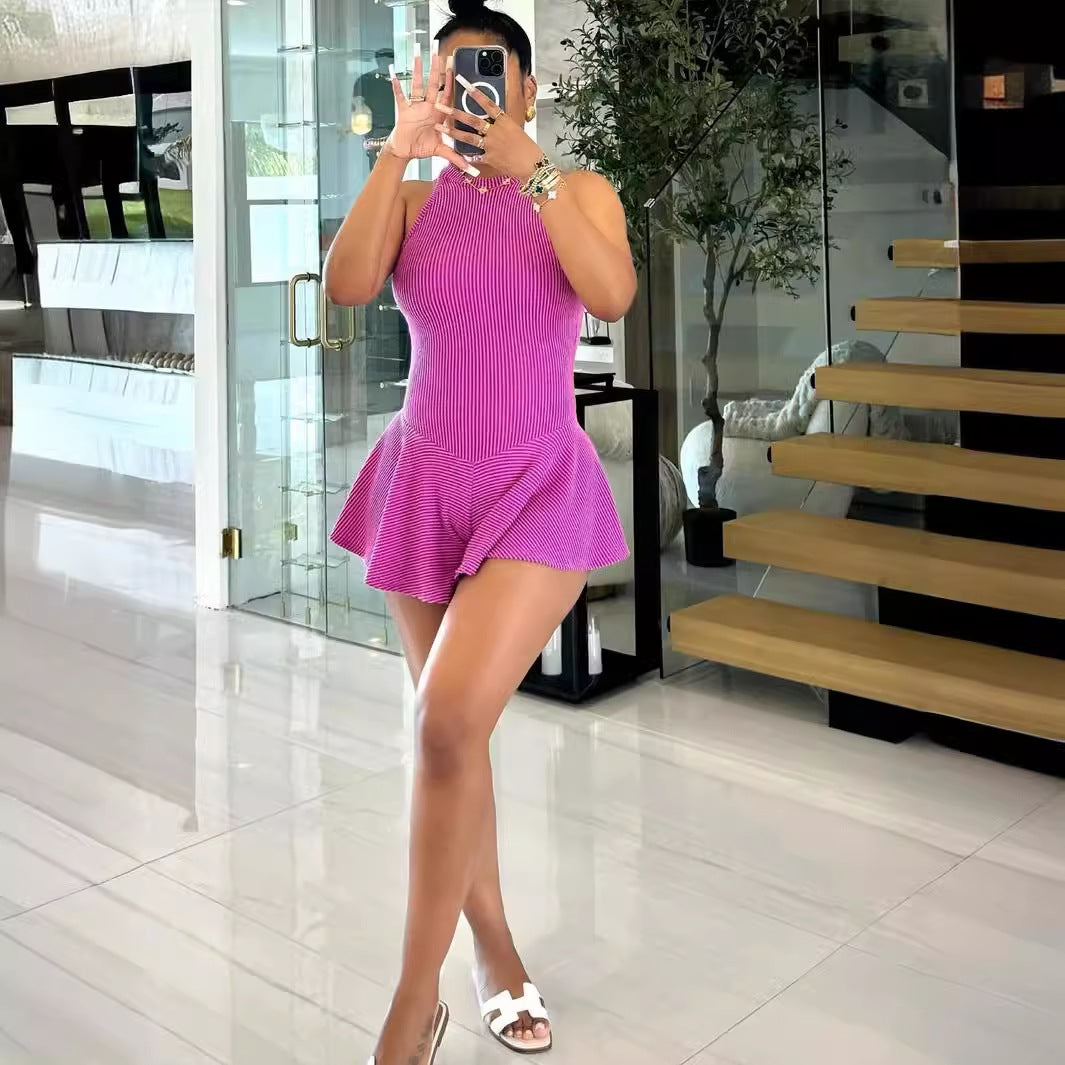 popular summer new light and thin elastic tight sexy babes solid color versatile neck jumpsuit jumpsuit
