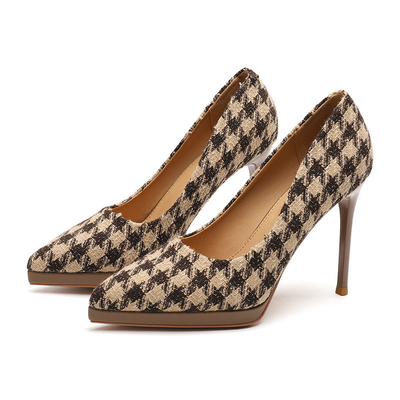 2025 1088-8 thousand bird grid pointed stiletto high heels women's 2025 new 2025 suede super high heels 11CM