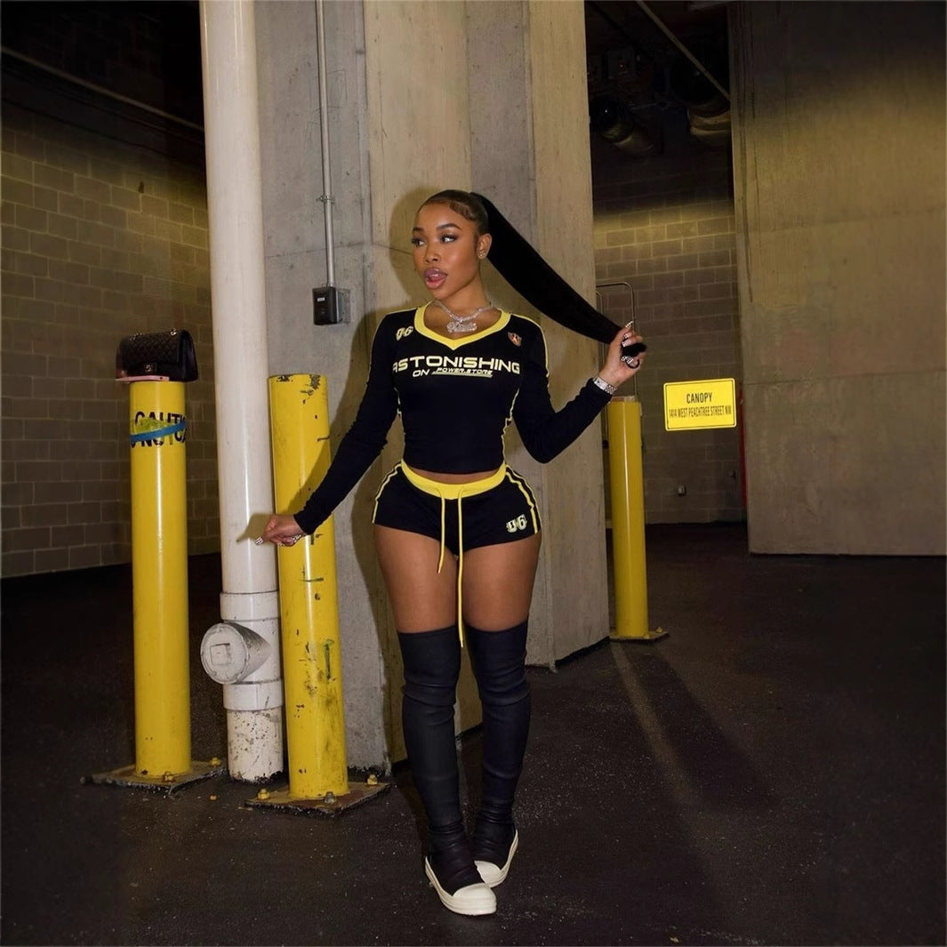 popular autumn new New n retro contrasting color V-neck slim-fitting Spice Girl long-sleeved top lace-up shorts set