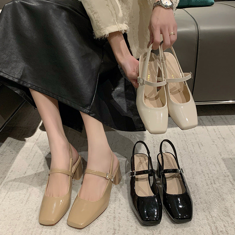xiangtuibao Women's Chunky Heel High Heels Women's Fashion Shoes Summer New Sandals Female Temperament Back Empty Square Toe Mary Jane Shoes