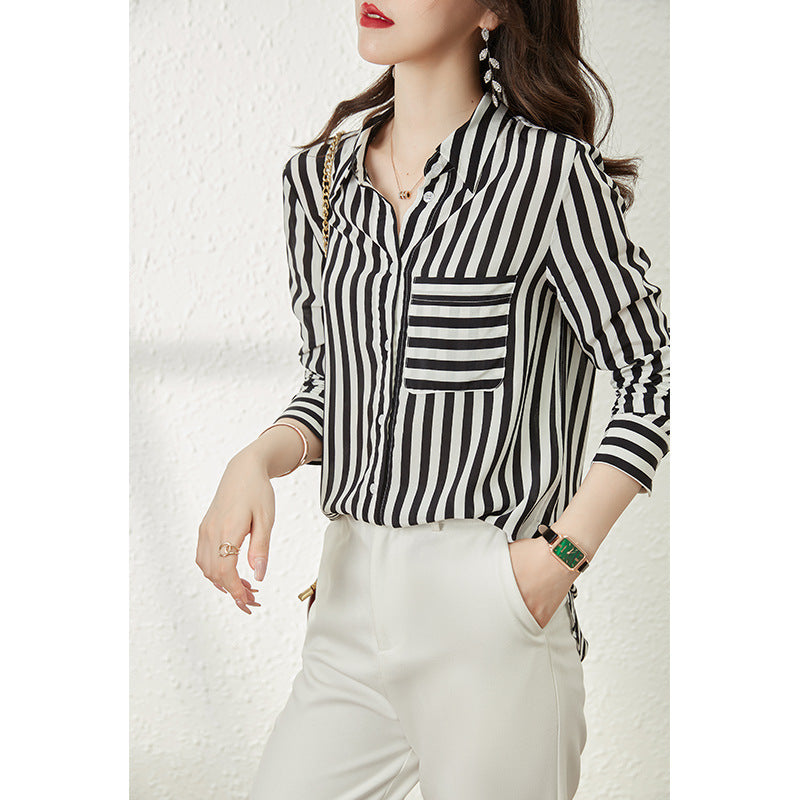 2025 Striped silk shirt women, summer new long-sleeved shirt design sense niche high-end, mulberry silk top