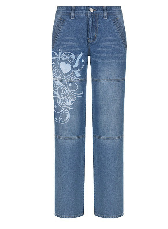2025 2025 street style women's clothing irregular printing loose trousers low waist folds washed into old multi-colored jeans