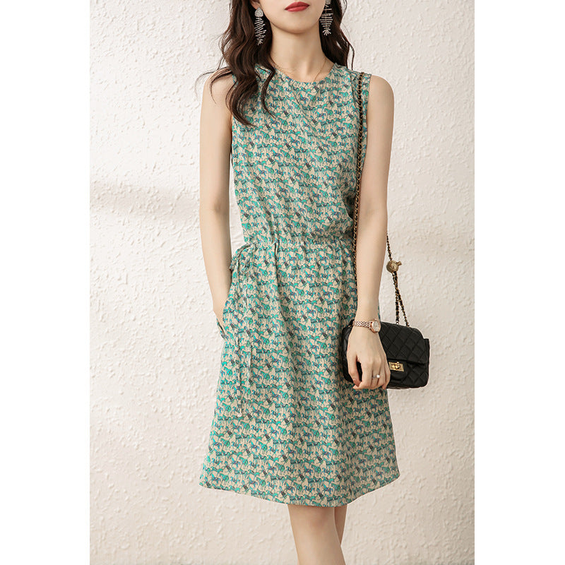 2025 Bingqin green high-end mulberry silk lace-up dress summer silk skirt sleeveless vest skirt medium and long