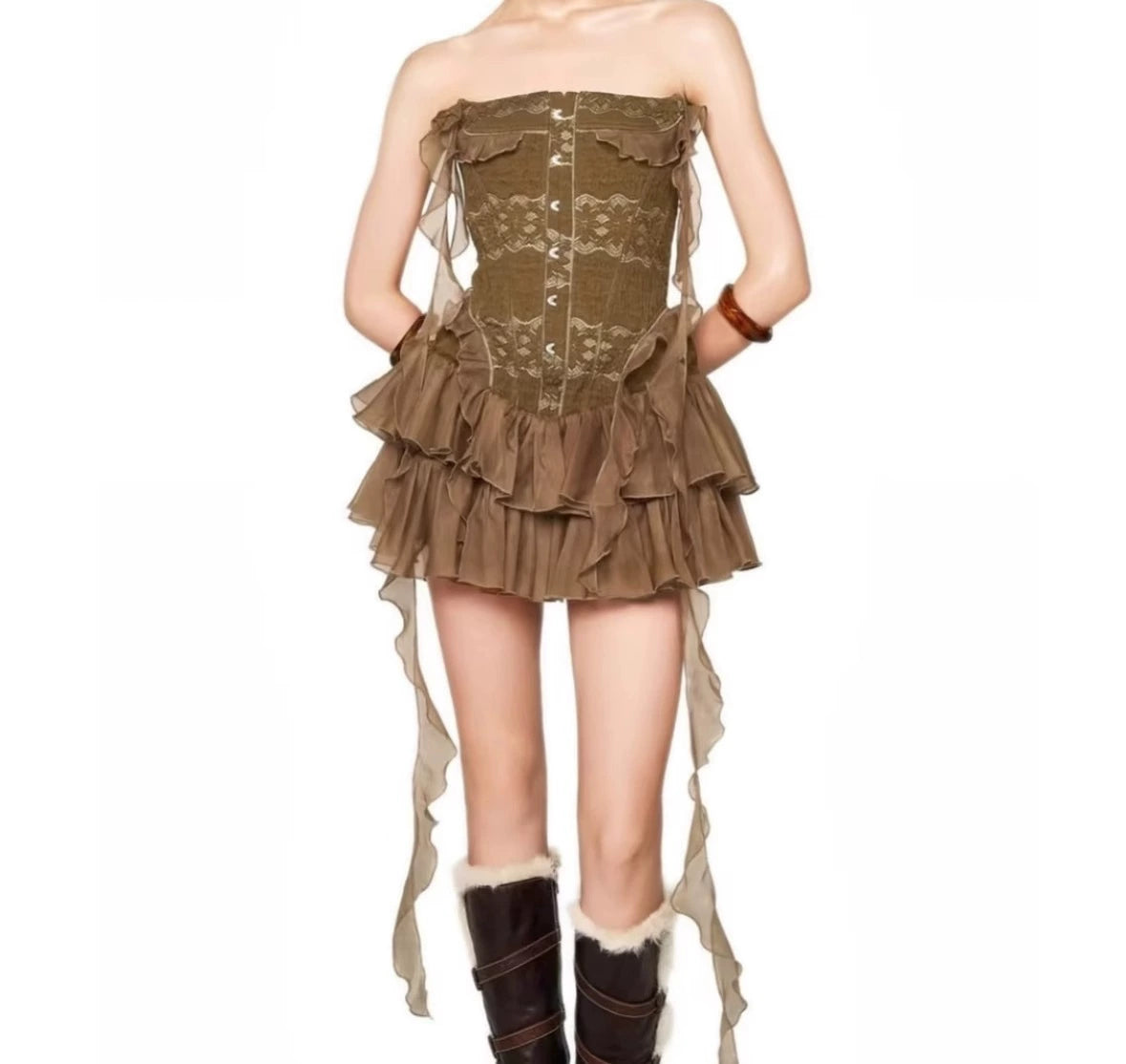 Yu Shuxin n retro Spice Girl style irregular tube top thin dress fishbone waist hip lace skirt
