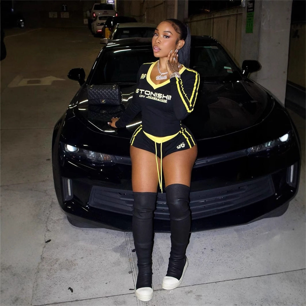 popular autumn new New n retro contrasting color V-neck slim-fitting Spice Girl long-sleeved top lace-up shorts set