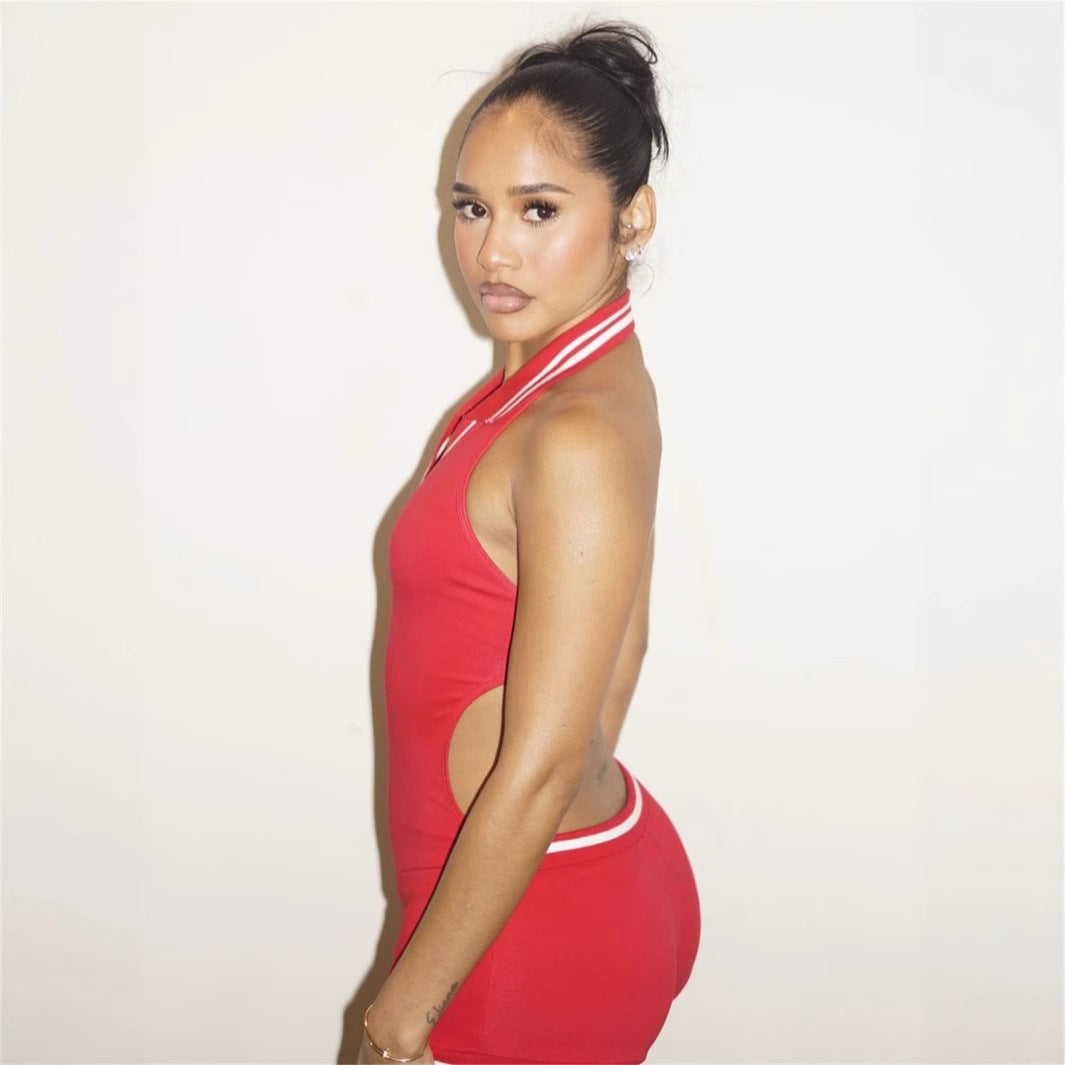 In the summer of , Popular, , New Popular trade, fashionable and sexy Spice Girls, sleeveless solid color backless neck-hanging jumpsuit shorts