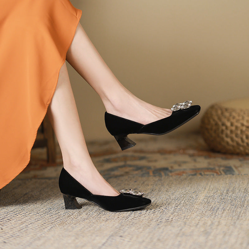2025 488-1 rhinestone square head single shoes women's 2025 autumn new thick heel high heels silver soft leather women's shoes
