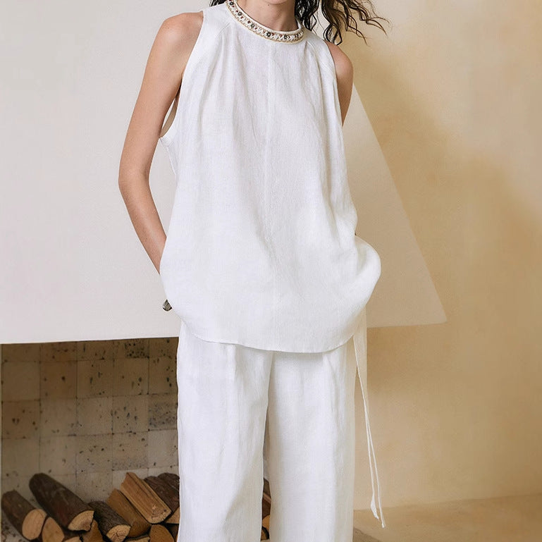 2025 Design Sense Loose Pattern Handmade Beaded Linen Sleeveless Shirt Top Women's Summer