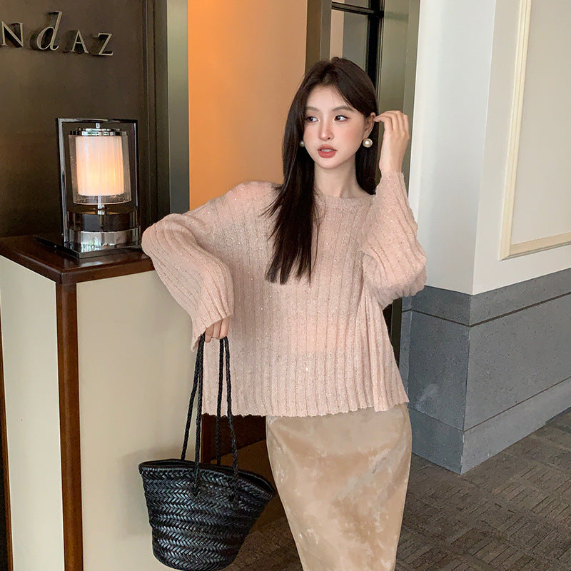 2025 popular autumn new Korean version versatile loose long-sleeved wool knitted sweater women's crew neck sweater 25017