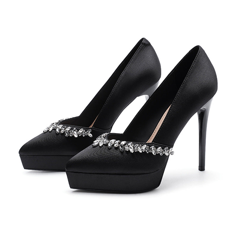 2025 1233-8 Temperament sexy waterproof table high heels women's V-shaped rhinestone pointed thin heel high heels not tired feet single shoes