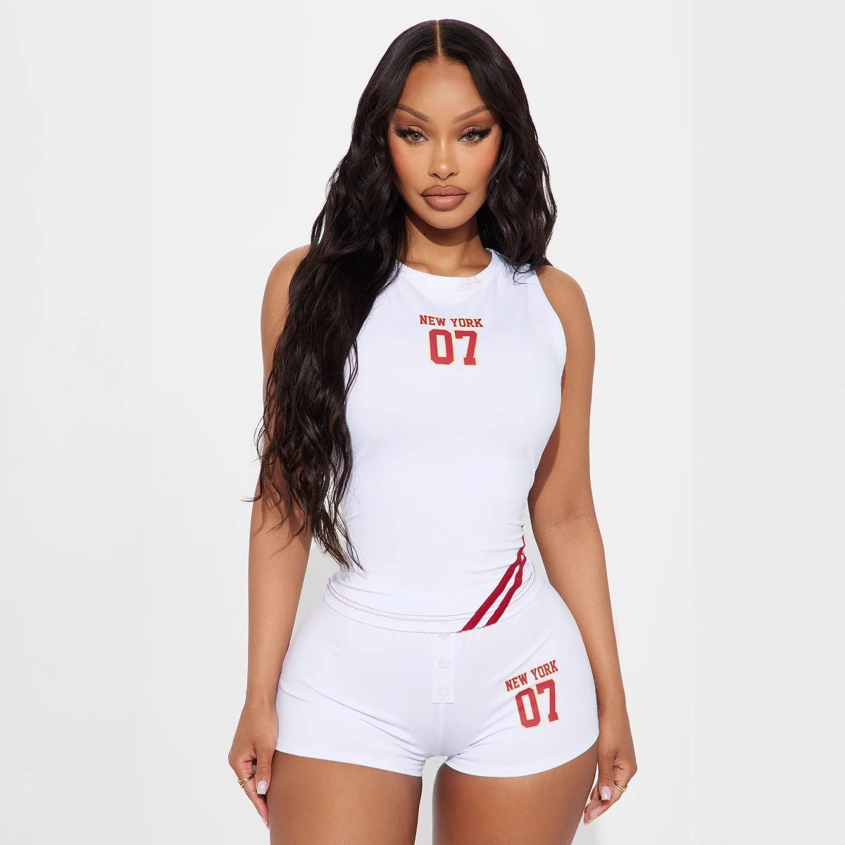 In the summer of , Popular, and other New Popular trade open-navel short alphanumeric printed vest waist-length shorts set