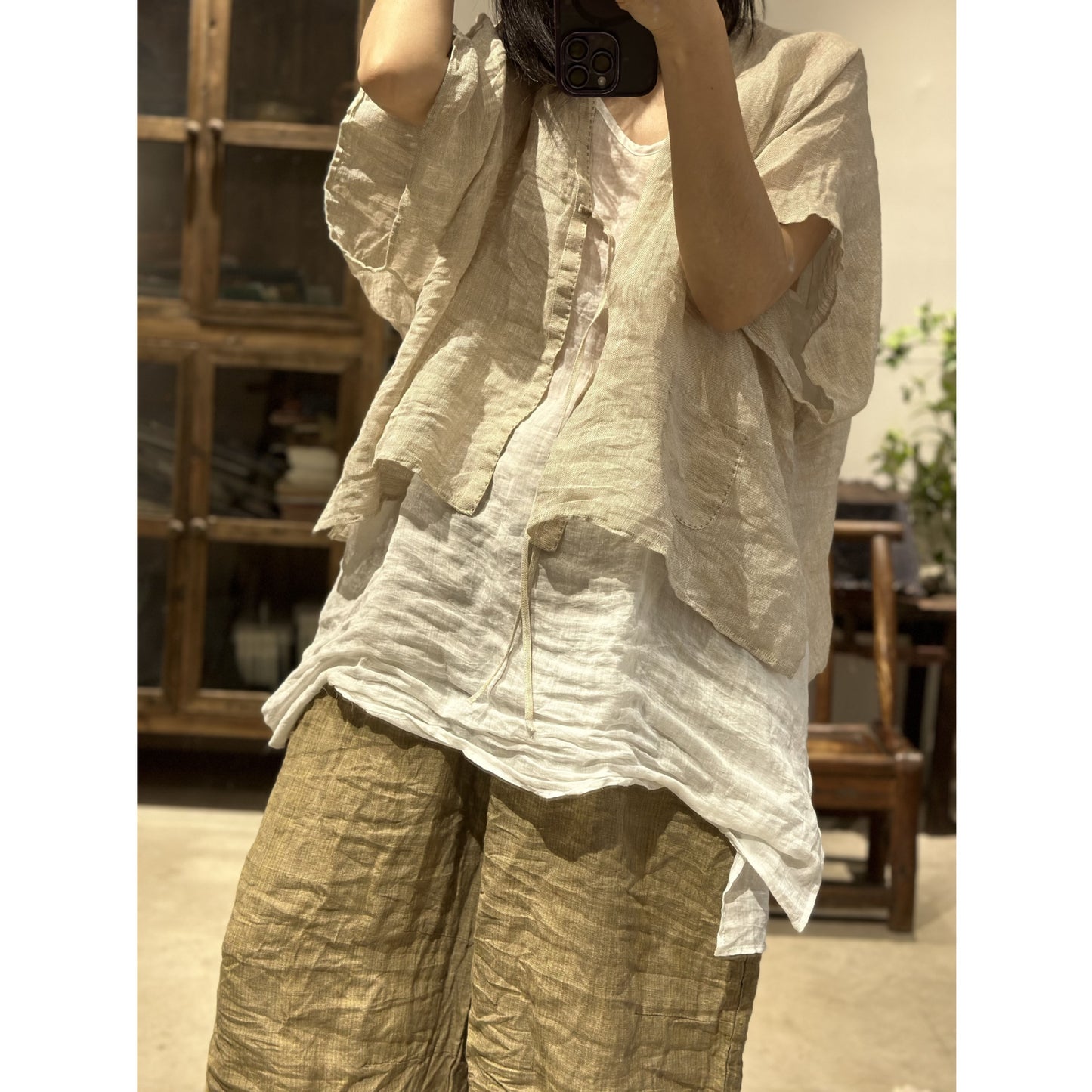 2025 23/4 small sticks, spring and summer literary and retro linen shoulder-length half-sleeved cardigan with straps