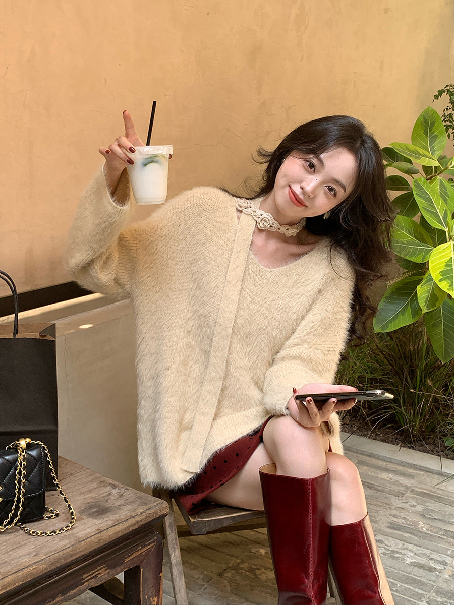 2025 Thirteen Lines popular Autumn and Winter New V-Neck Neck Thickened Imitation Mink Knitted Sweater Women's Sweater Women's 25164