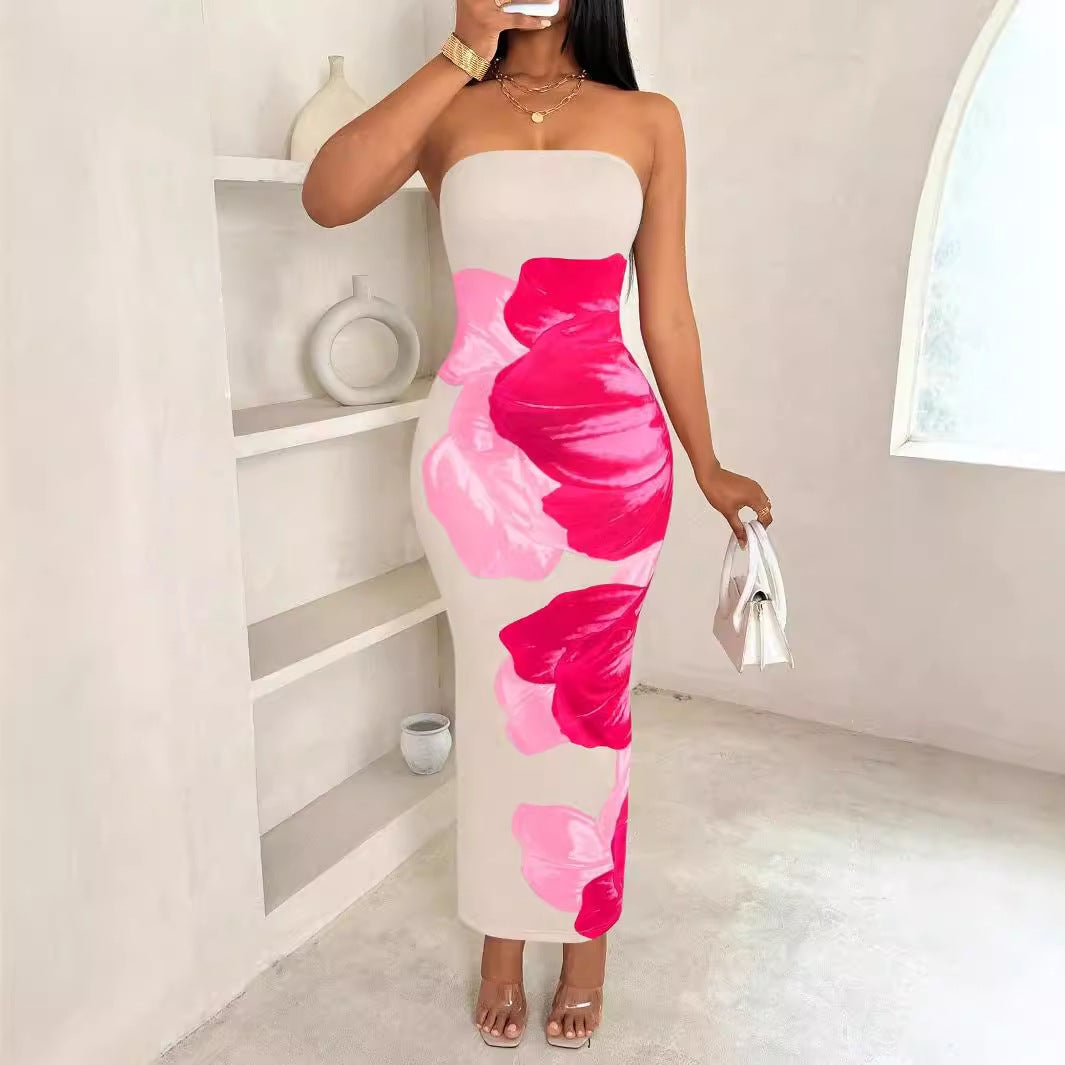 popular New new shein women's slim-fitting off-the-shoulder contrasting color flower printing elegant fashion dress