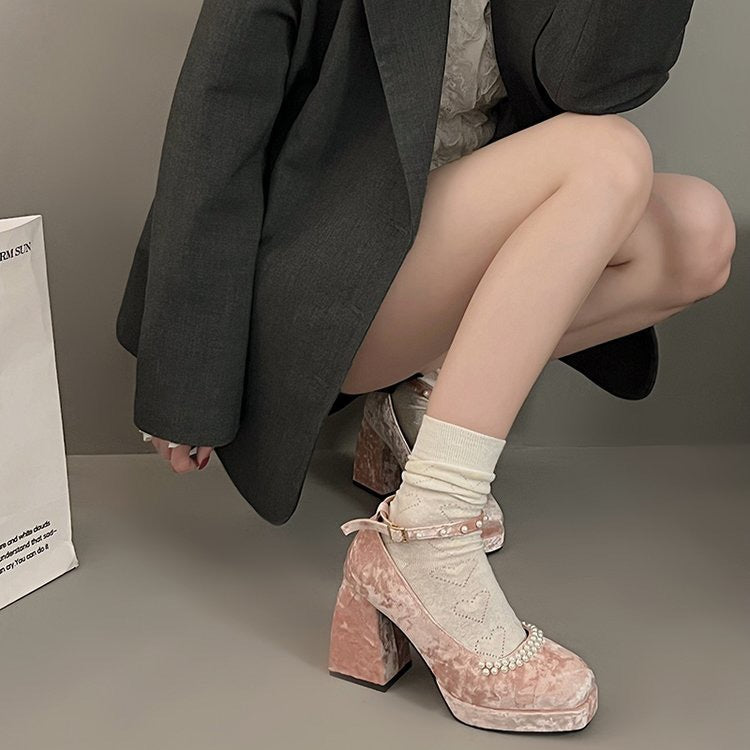 2025 Pink princess Mary Jane shoes women's popular spring new waterproof table super high heels thick heel pearl velvet single shoes