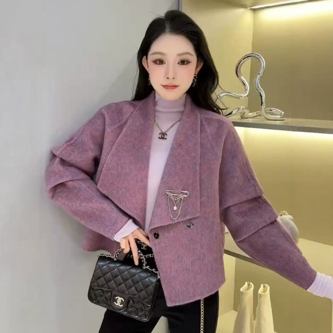 2025 Mulberry silk rabbit hair wool suit collar shoulder sleeve single-breasted double-sided wool coat woolen jacket to keep warm in autumn and winter