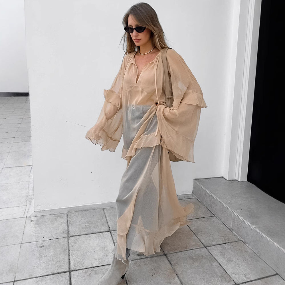 2025 Khaki autumn and winter new bat sleeve dress fashion New wholesale sunscreen blouse long dress women