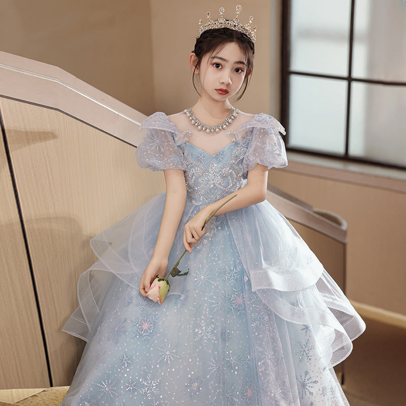 Xiangtuibao Sweet Children's Host's Dress Girls' Summer Blue Puff Sleeve Princess Piano Performance Costume