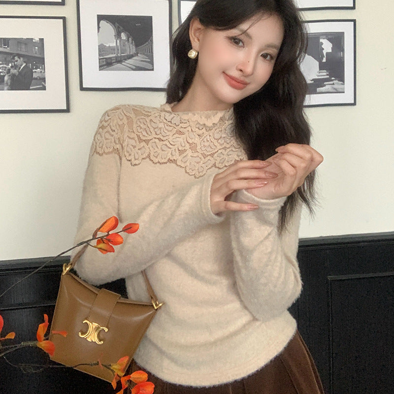 2025 popular autumn and winter new temperament round neck lace polished bottoming shirt women's versatile top tide 89129