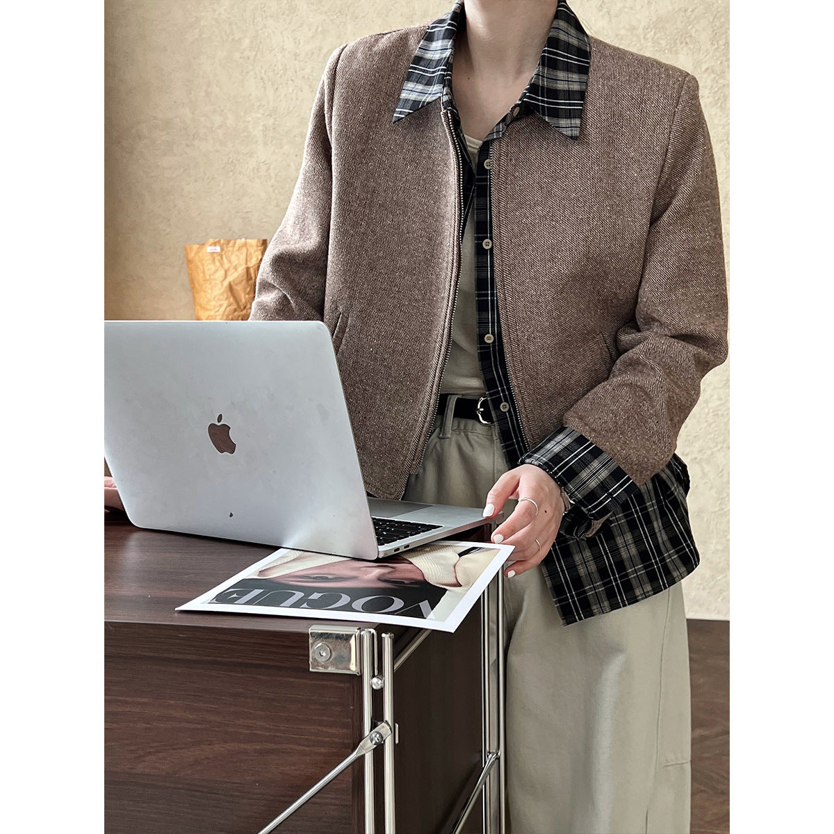 Luxi Korean wool woolen round neck small fragrant short coat women's popular autumn new zipper jacket top 8698