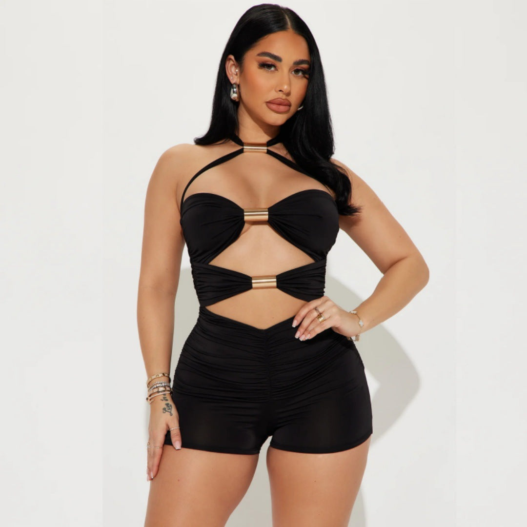 Hot trade women's clothing new personalized hollow metal tube splicing contrasting color bow neck jumpsuit shorts