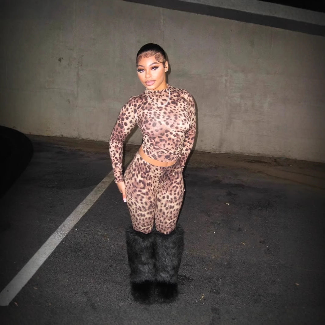 Autumn and winter new New leopard print wild slim sexy elastic fashion long-sleeved short top trousers set