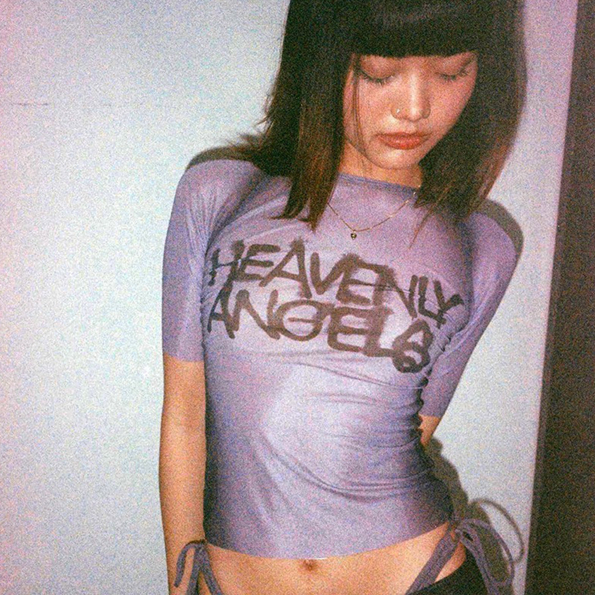 summer new tight street sexy Spice Girl letter open button printing mesh skin-permeable T-shirt short sleeve