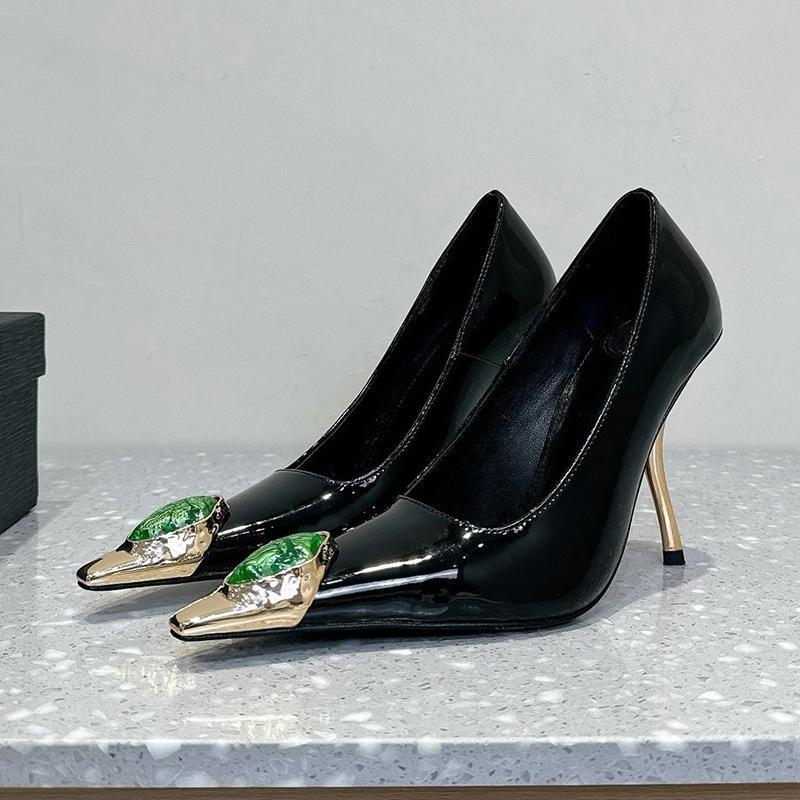 2025 Poplar forest same style royal sister high heels women's thin heels 2025 early spring metal small square head sexy gemstone beautiful single shoes