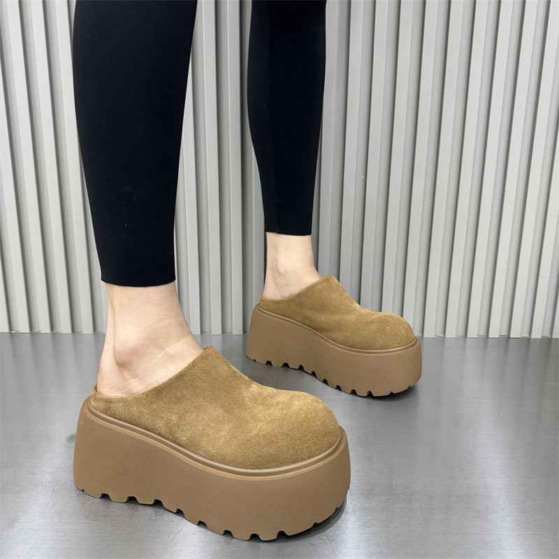 2025 2025 big head thick-soled half slippers women's popular new bag head drag heightening lazy matte muffin shoes