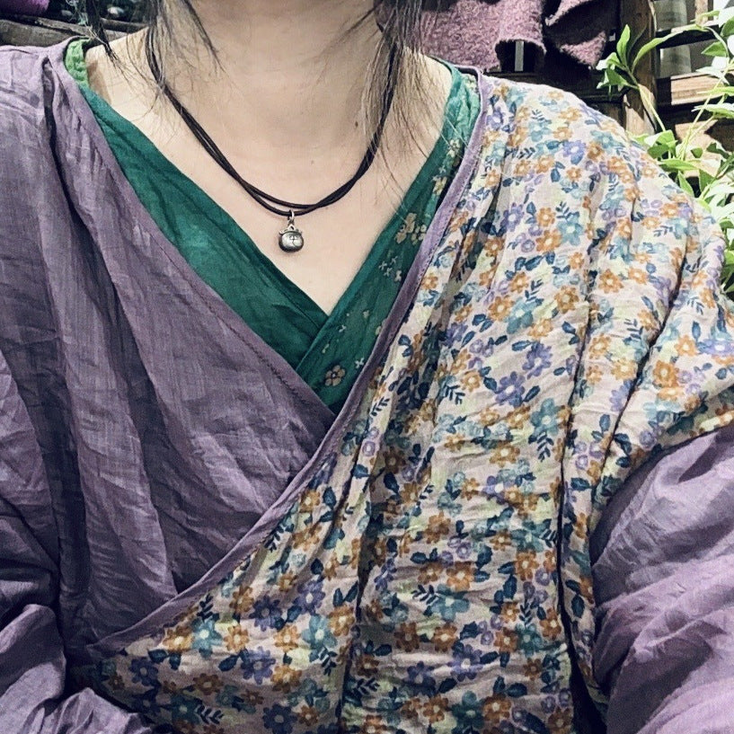 2025 24/4 SN48 flowers, literary and retro ramie printed diagonal placket lace-up shirt cardigan