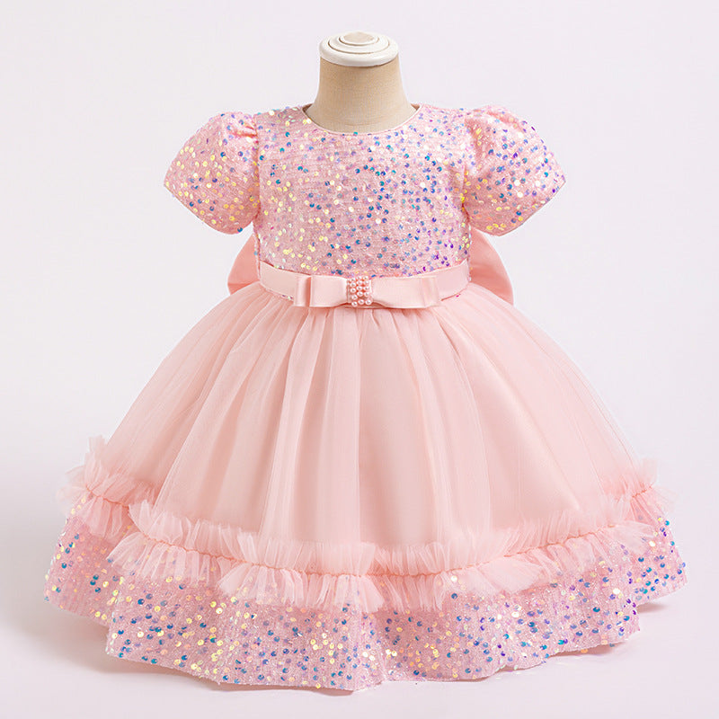 Xiangtuibao One Year Old Celebration Dress Girls' Dress Princess Children's Dress New Short-Sleeved Sequined Pettiskirt Children's Dress Cross-Border Wholesale