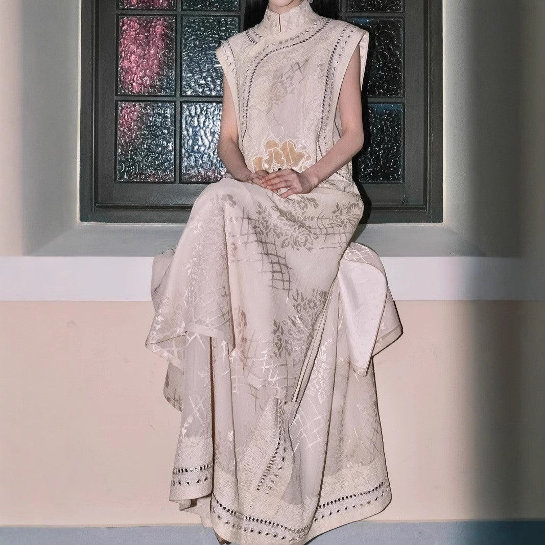 2025 Customized spring and summer new Chinese style light luxury stand-up collar embroidered sleeveless sequins loose vest dress set