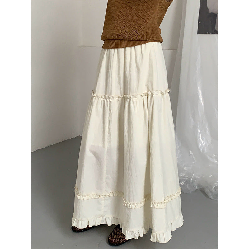 2025 THE MIND fungus lace white big swing skirt 2025 summer new elastic waist versatile A-shaped skirt 002AX