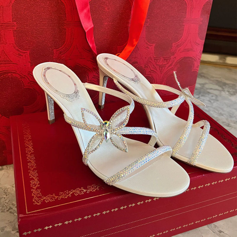 XIANGTUIBAO RC Rhinestone Sandals Spring New Stiletto Heel Fairy Style Open Toe Slippers Women's Bow Cross Strap High Heels