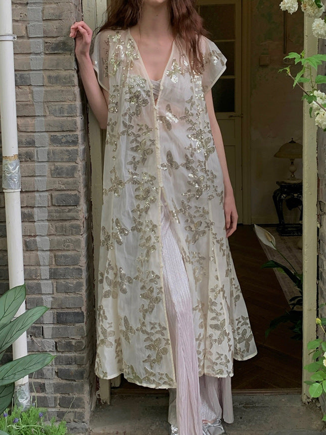 2025 25 Summer New Spice Girls Sequins Butterfly Cardigan Long Dress Shoulder Long Sleeve Top Tube Top Three-piece Set