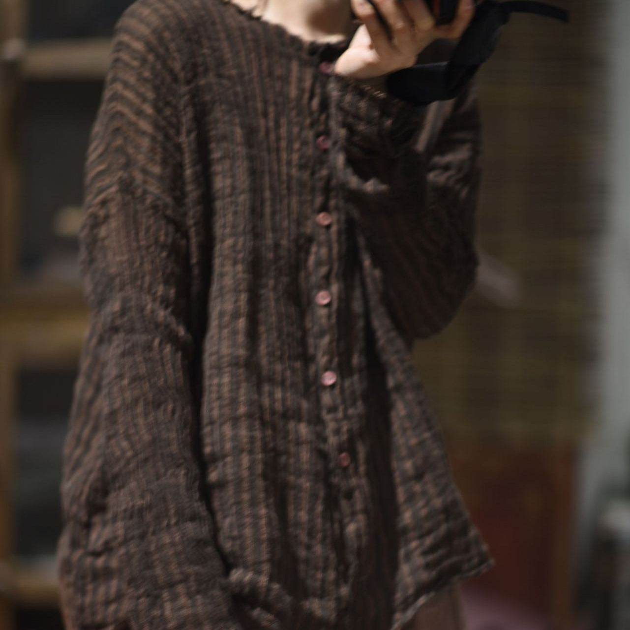 2025 24/1 SN15 literary and retro contrasting color yarn-dyed craft linen striped cardigan shirt
