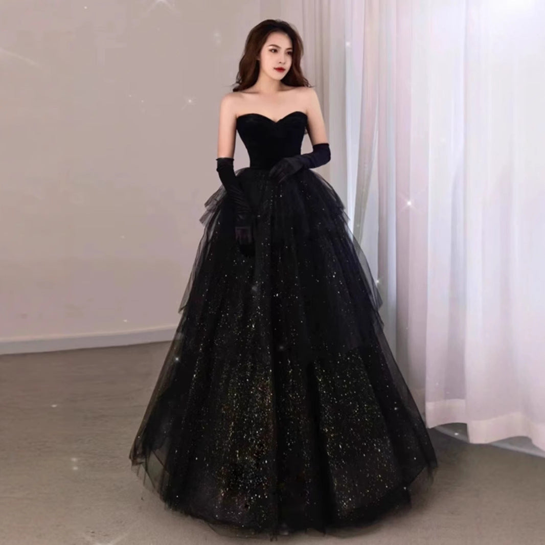 2025 Black tube top velvet high-end evening dress light luxury niche birthday party performance host princess tutu spring