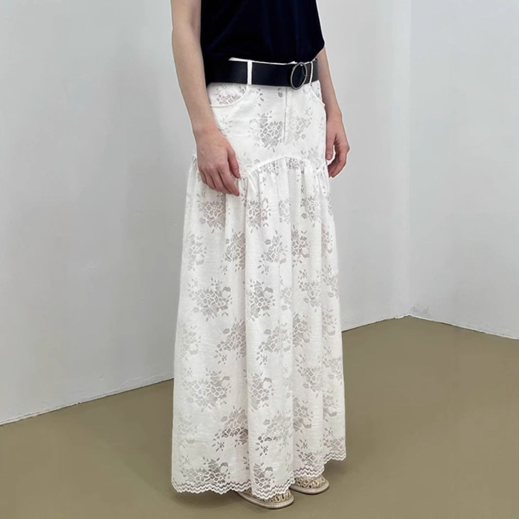 2025 High sense heavy industry white lace skirt women's spring and summer new high waist big swing dress
