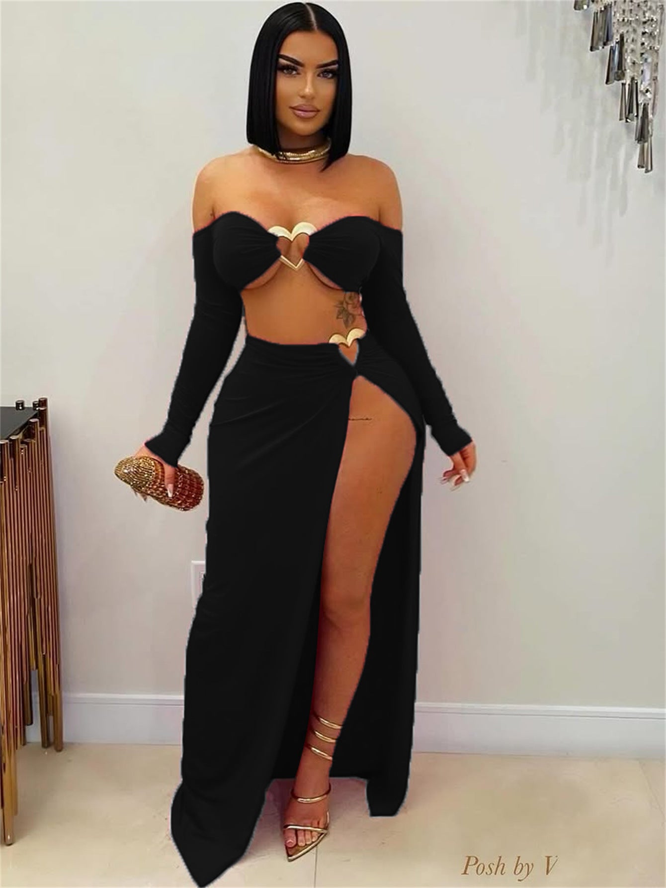new New Popular trade solid color long-sleeved sexy short navel top split-ended long skirt skirt suit women