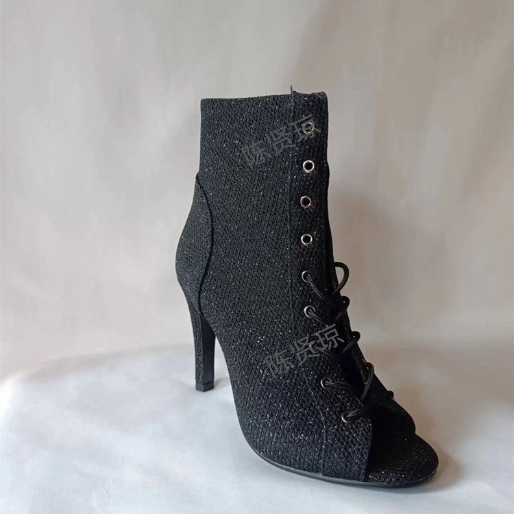 XIANGTUIBAO New Peep Toe High Heel Sandal Boots Women's Glitter Lace-up European and American Sexy Dance Women's Shoes Jazz Dance High Heel Large Size Shoes