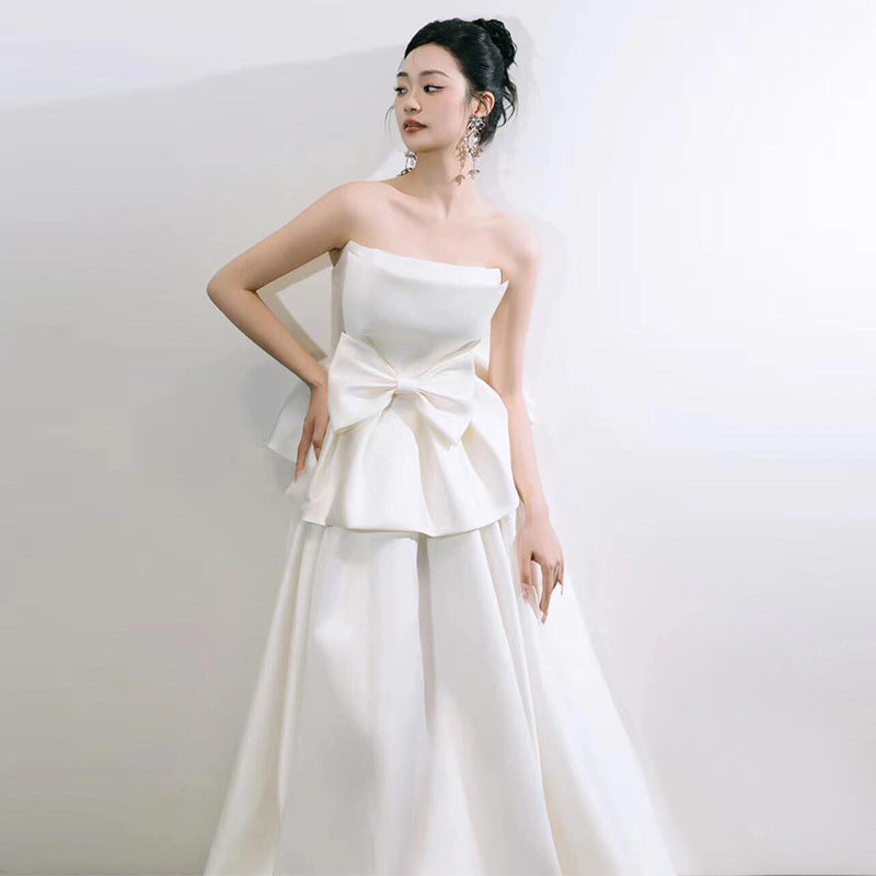 2025 tube top light wedding dress bride simple niche satin temperament go out yarn Mori bow engagement dress skirt