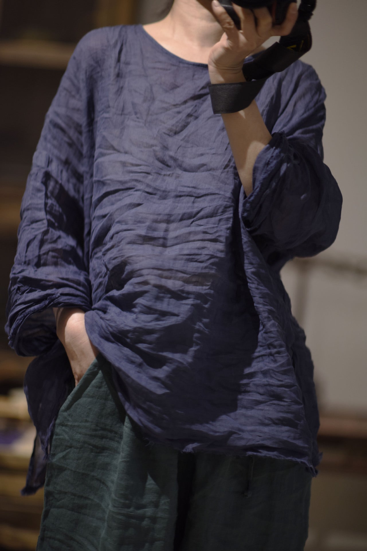 2025 23/3 small beard, literary and retro ramie washed rough edge pullover, shoulder-length loose shirt