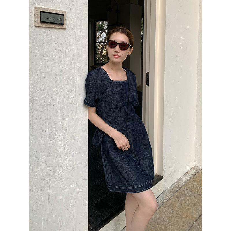 2025 THE MIND square collar with bag denim dress 2025 summer new Korean casual mid-skirt A-shaped skirt 006AX