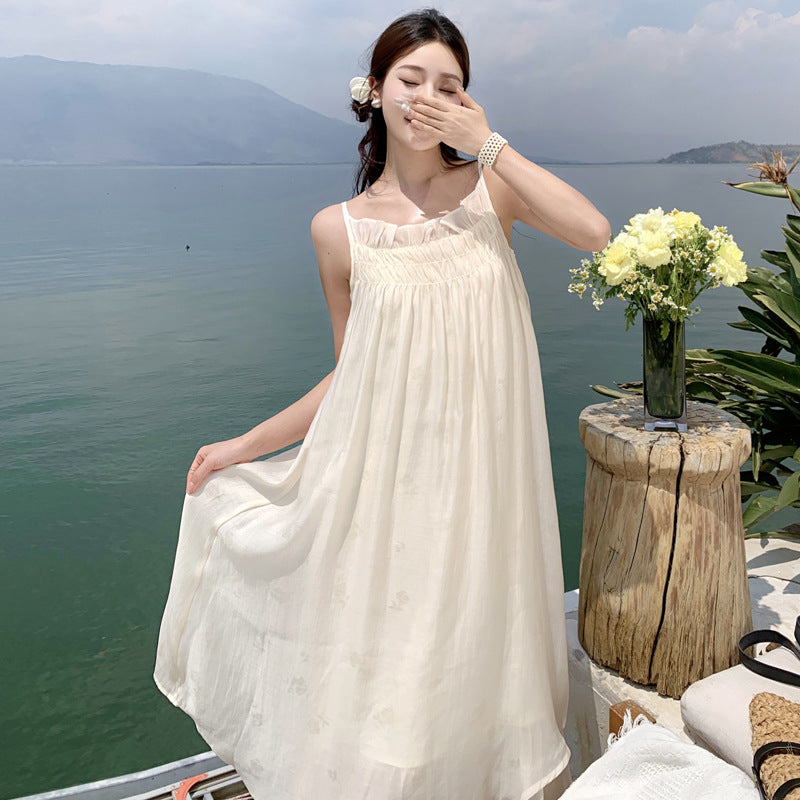2025 Seaside Banna Yunnan Holiday Dress Niche Premium Sense Simple Super Immortal Fungus Edge Folded Suspender Skirt