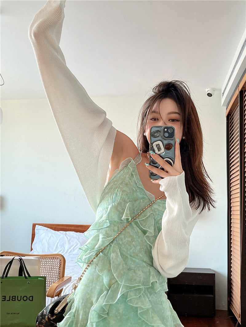 2025 Super fairy gentle green field rose floral dress travel skirt women's medium and long 2025 spring and summer new suspender dress