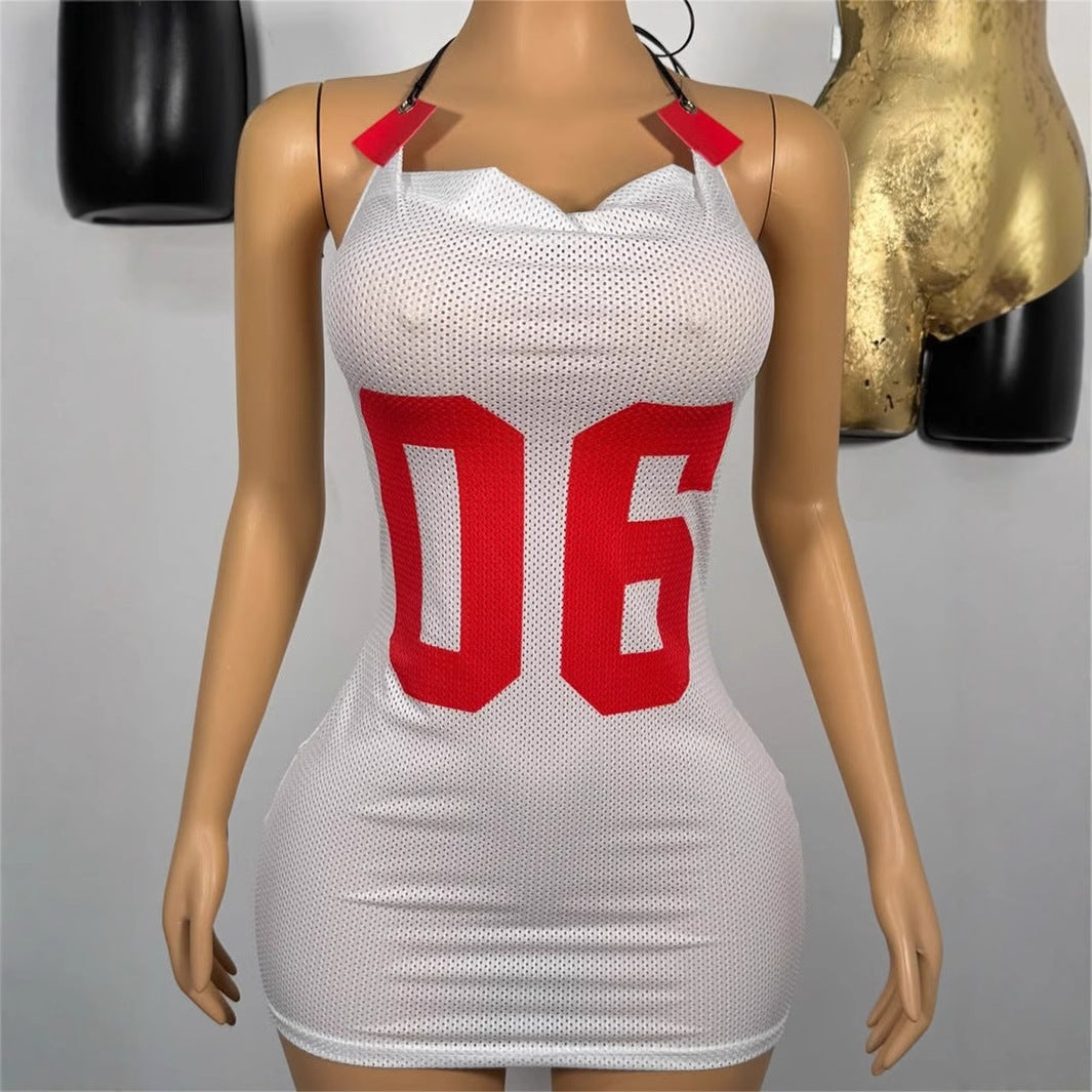 new women's clothing sexy fashion personalized mesh cloth printing suspenders leather tube top backless dress