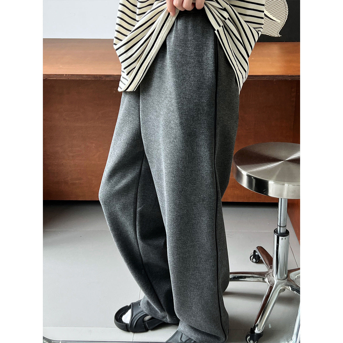 Luxi n retro contrasting color bright line air layer sweatpants women's autumn and winter new design sense high waist sweatpants 2617