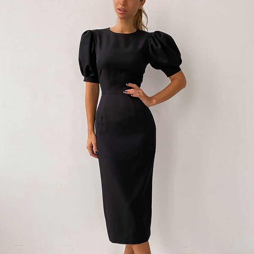 2025 popular summer new round neck short-sleeved temperament commuting tight high waist bubble sleeve dress women's hip skirt