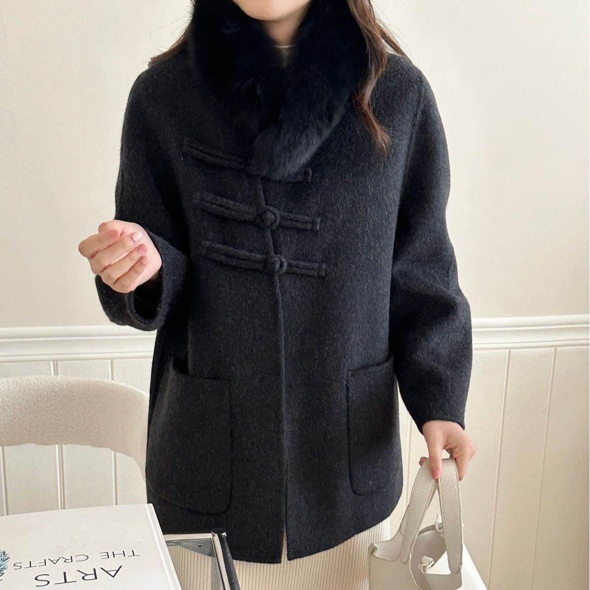 2025 Fox hair can be removed from the new Chinese buckle diagonal buckle, double-sided wool jacket woolen coat women's new autumn and winter models