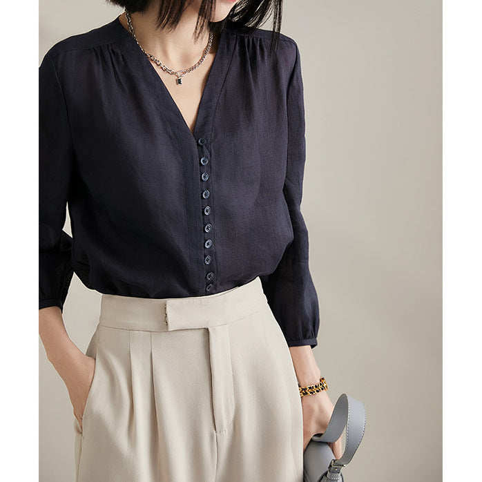 2025 Breathing ramie shirt, four-color nine-point bubble-sleeved shirt, shirt summer new women's top